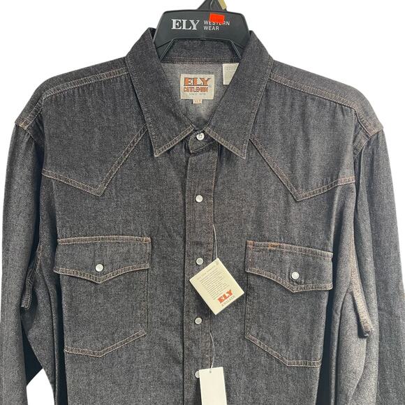 Vintage ELY Cattleman Black Denim Pearl Button Snap Western Shirt XL TALL NWT - Picture 2 of 8